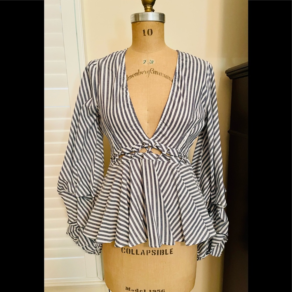 Venus Striped V-Neck Peplum Blouse NWOT
